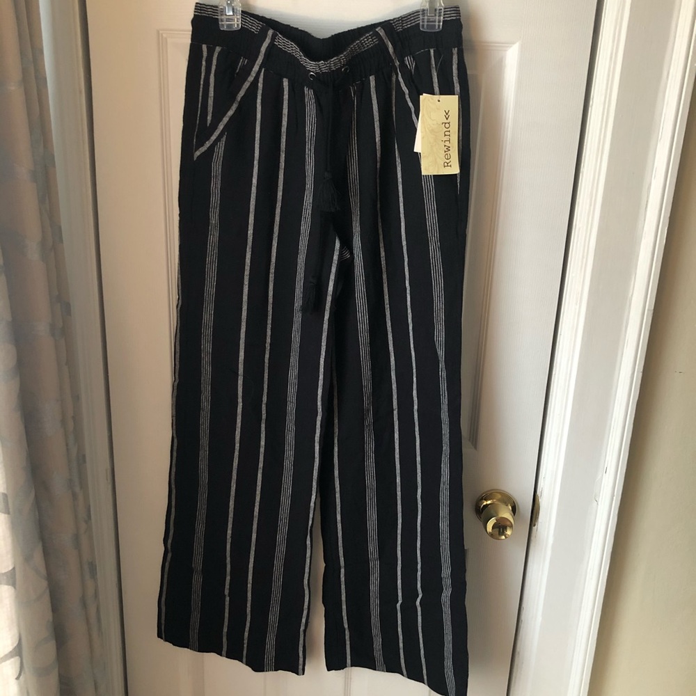 NWT Linen & Rayon Drawstring Striped Black Pants